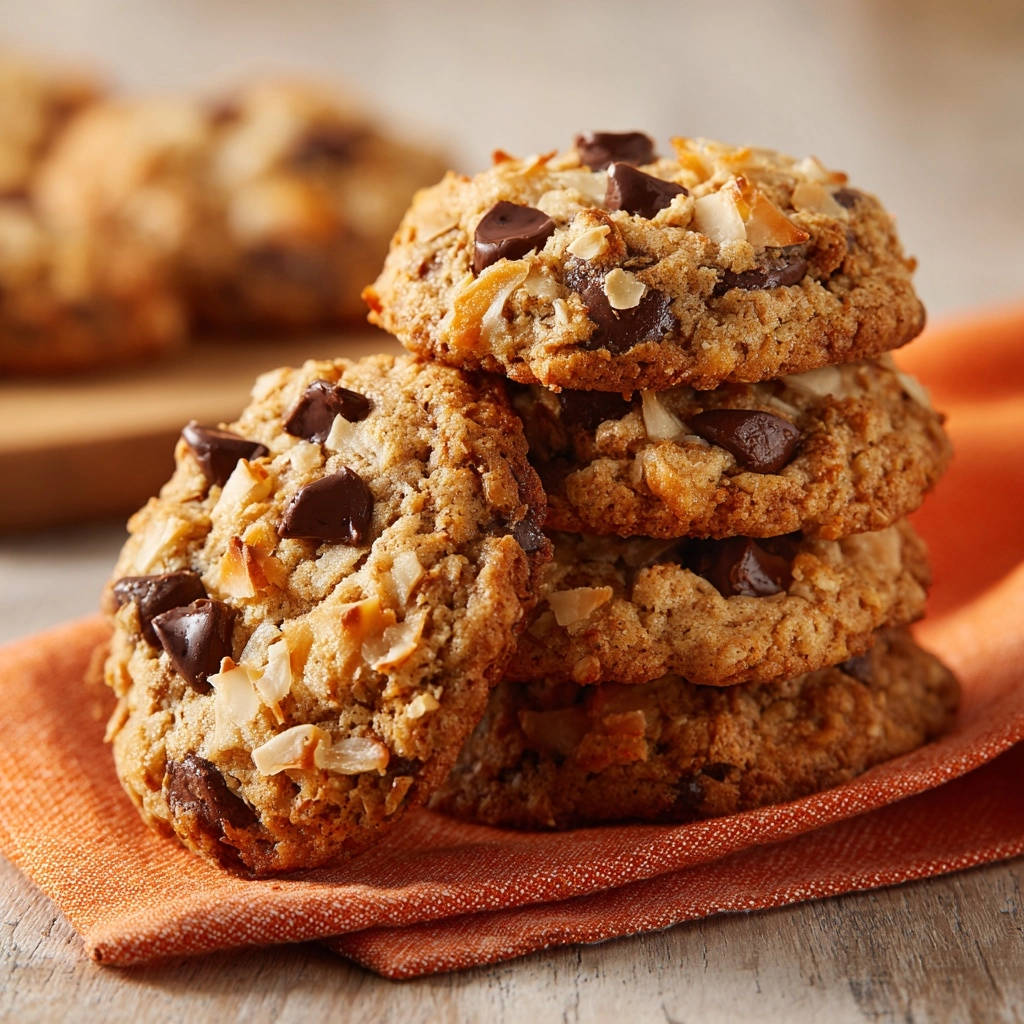 Irresistible oatmeal coconut chocolate chip cookies stacked closely together on an orange napkin, showcasing their texture.