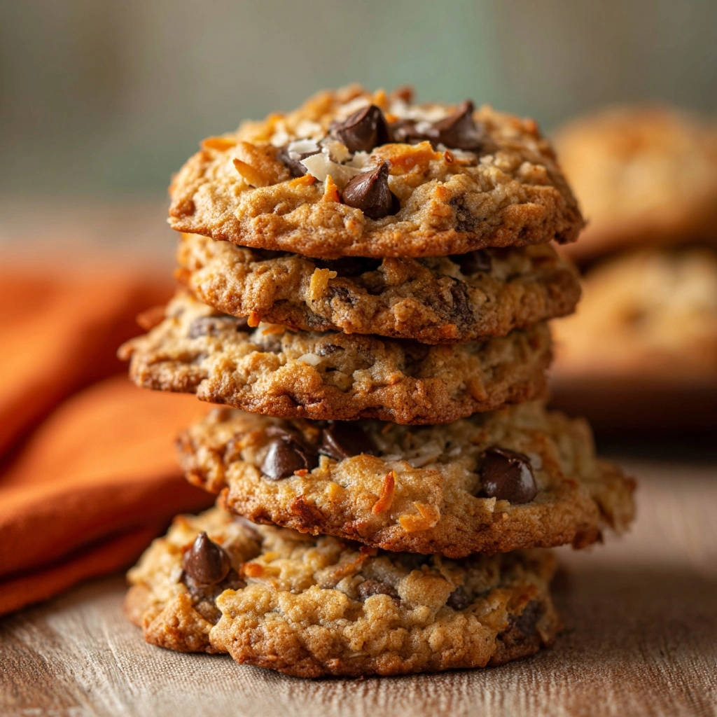 Irresistible oatmeal coconut chocolate chip cookies stacked in a close-up view, showcasing their chewy texture and chocolate chips.