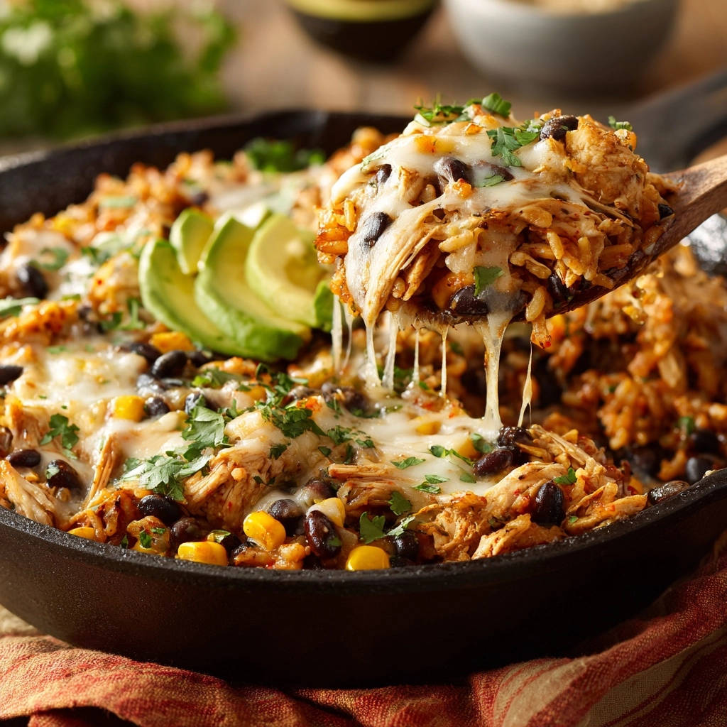 One-pan cheesy chicken and rice skillet with a scoop showing melted cheese stretching from the fluffy grains.