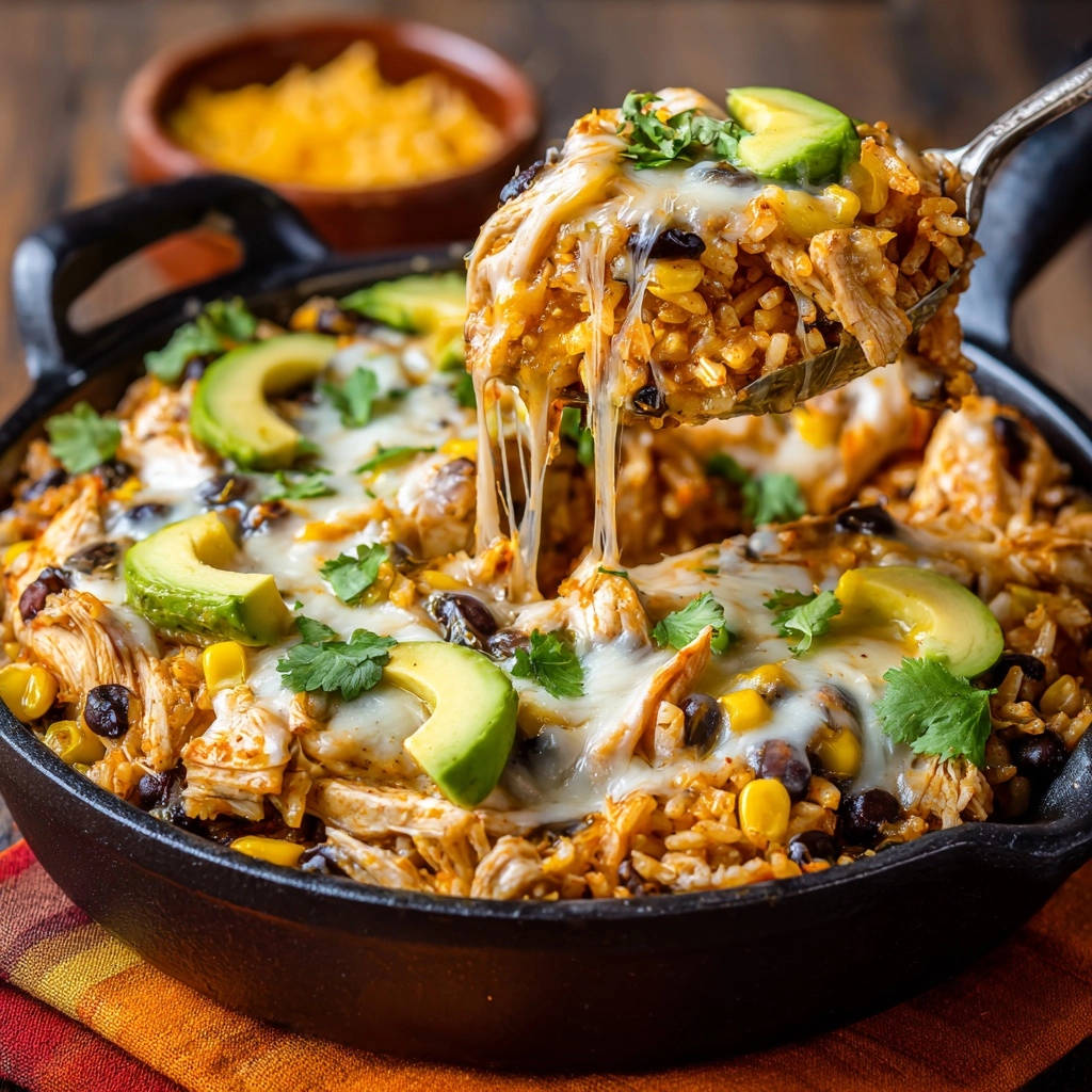 One-pan cheesy chicken and rice skillet with a spoonful of melted cheese being lifted, garnished with avocado and cilantro.