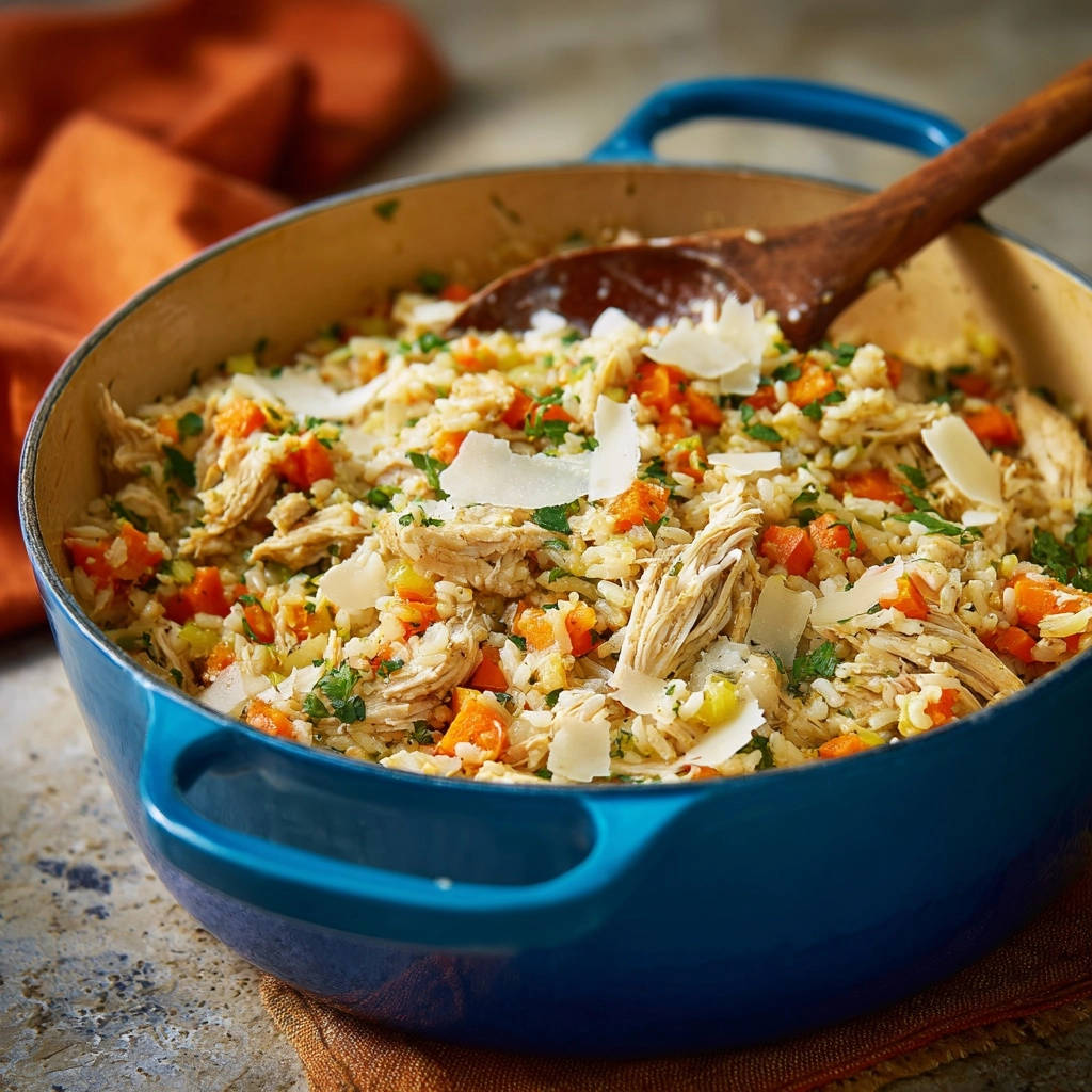 One-pot chicken and rice shown close-up in a blue Dutch oven with a wooden spoon.