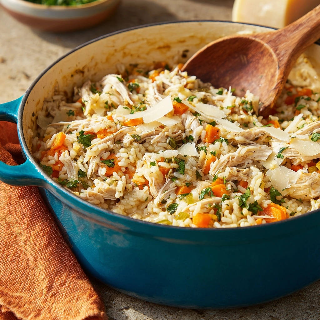 One-pot chicken and rice in a blue Dutch oven, served with shaved Parmesan and a wooden spoon.