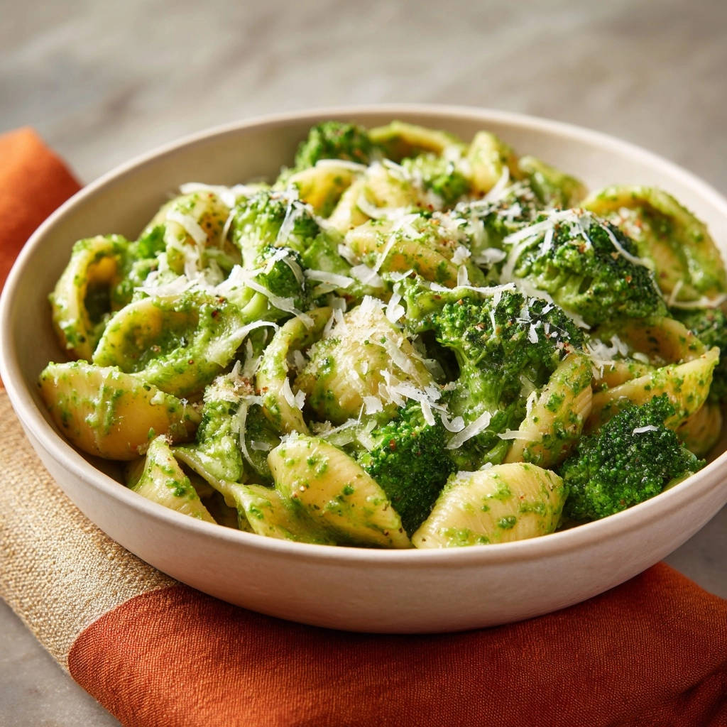 Pasta with broccoli and creamy green sauce served in a bowl, showing a close-up view of the dish.