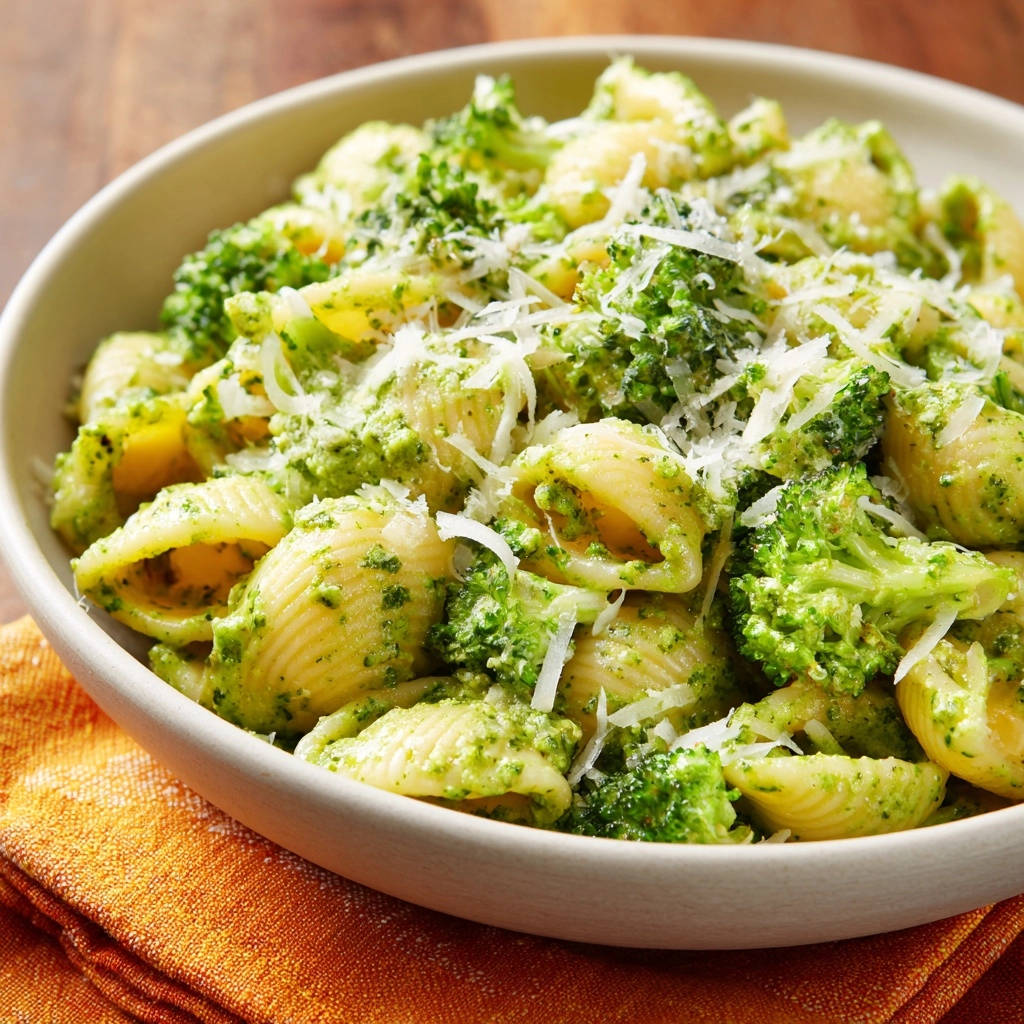 Pasta with broccoli and creamy green sauce shown in a close-up view within a bowl, topped with grated cheese.