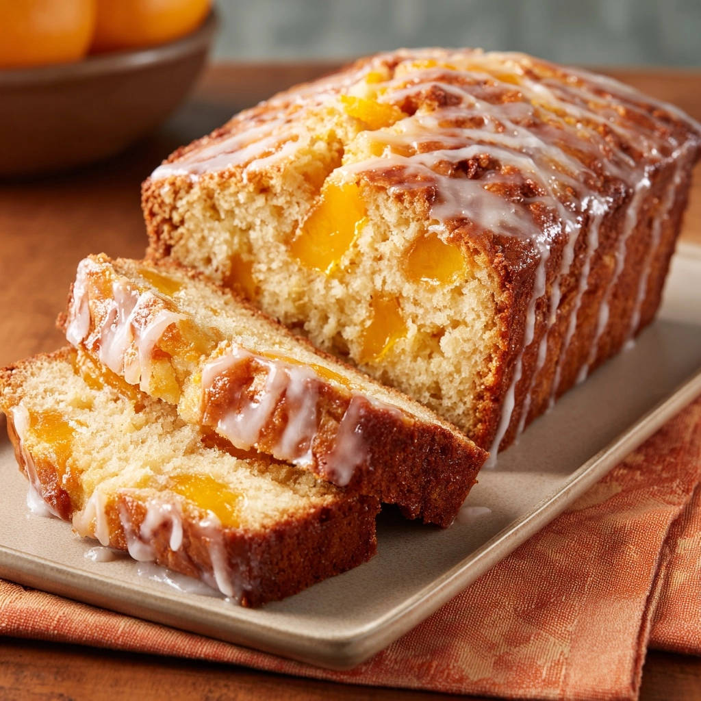 Perfect Peach Loaf with a close-up view of a sliced loaf showing suspended fruit and drizzled glaze.