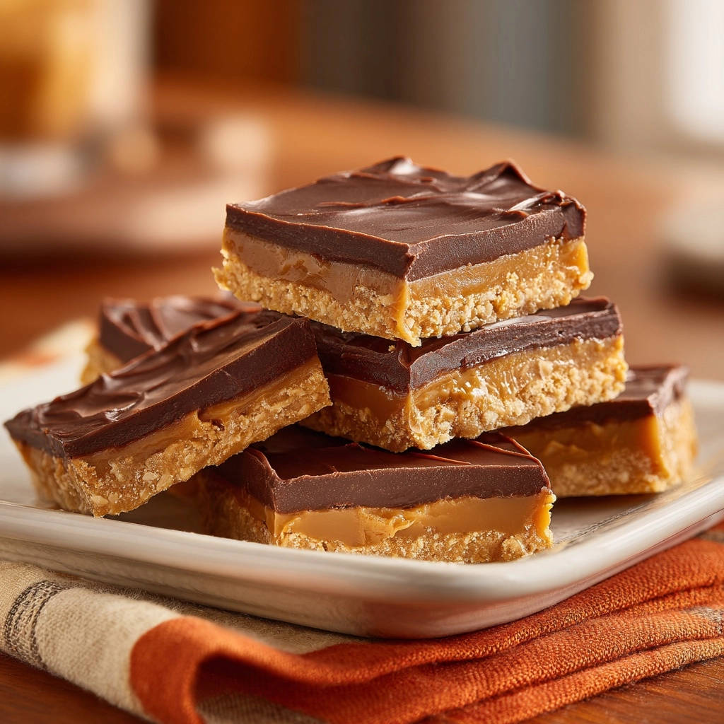 Classic peanut butter chocolate bars stacked, showing a close-up cross-section of the layers.