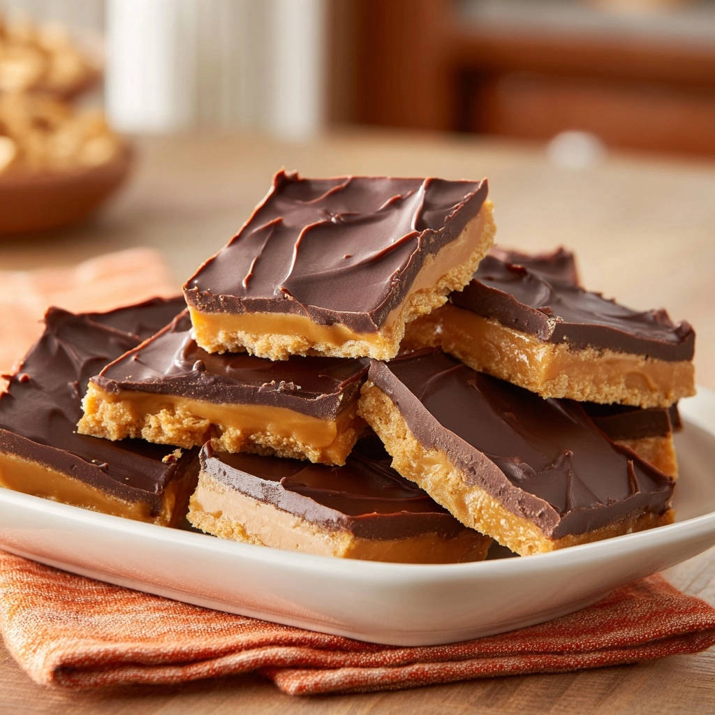 Classic peanut butter chocolate bars stacked on a white plate, showcasing their layers of shortbread, peanut butter, and chocolate topping.