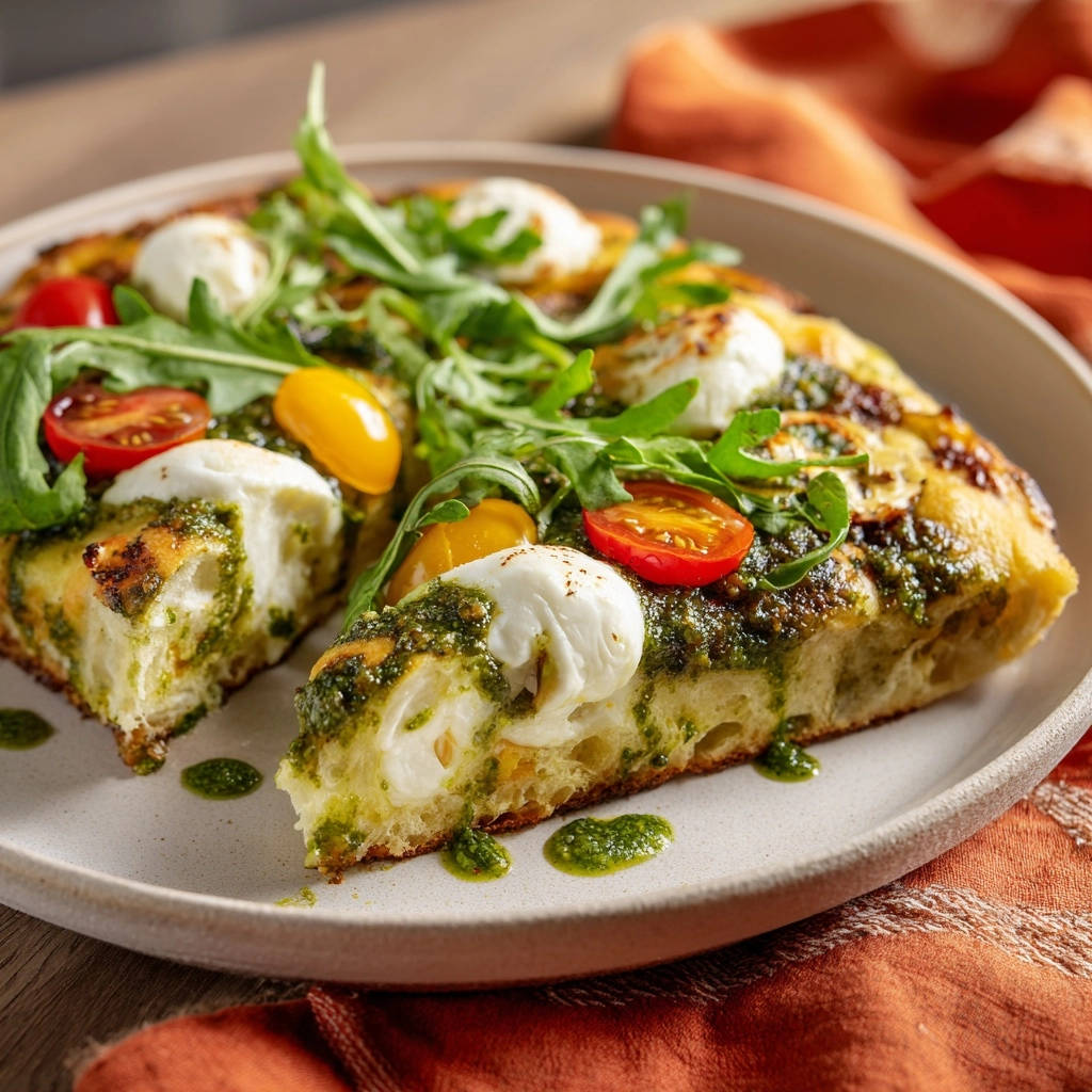 Gourmet pesto toast cross-section showcasing melted mozzarella, fresh arugula, and cherry tomatoes on a rustic plate.