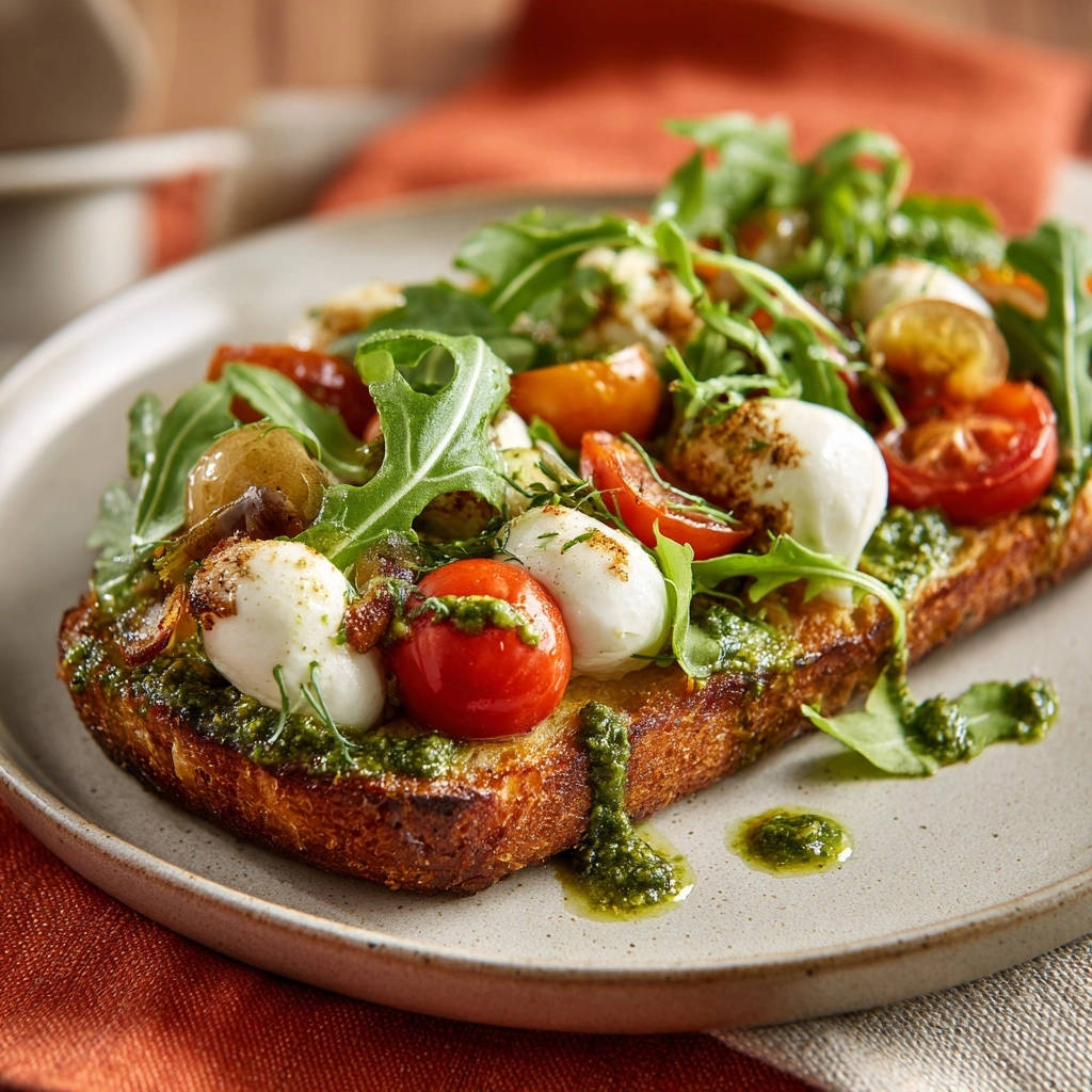 Gourmet pesto toast presented on a platter, showcasing a vibrant topping of fresh mozzarella, cherry tomatoes, and arugula.