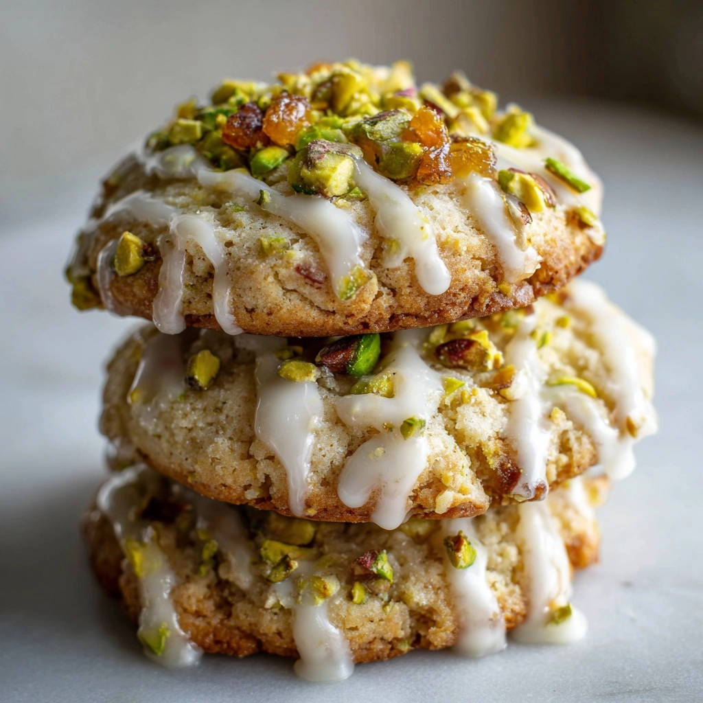Pistachio & Apricot Drop Cookies shown stacked and drizzled with icing, with a close-up view of the textured cookie surface.