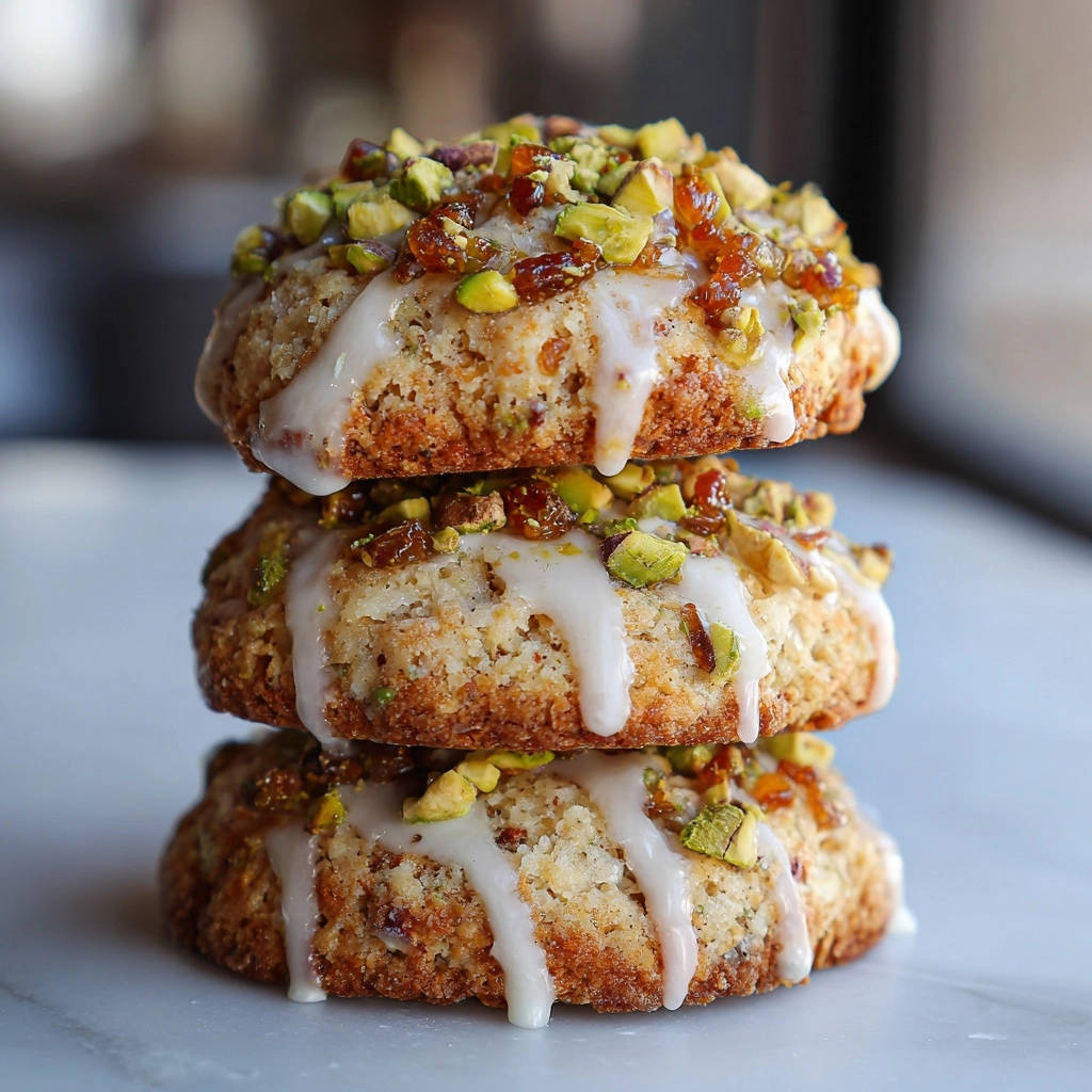 Pistachio & Apricot Drop Cookies stacked three high, drizzled with white glaze and topped with chopped pistachios and dried apricots.