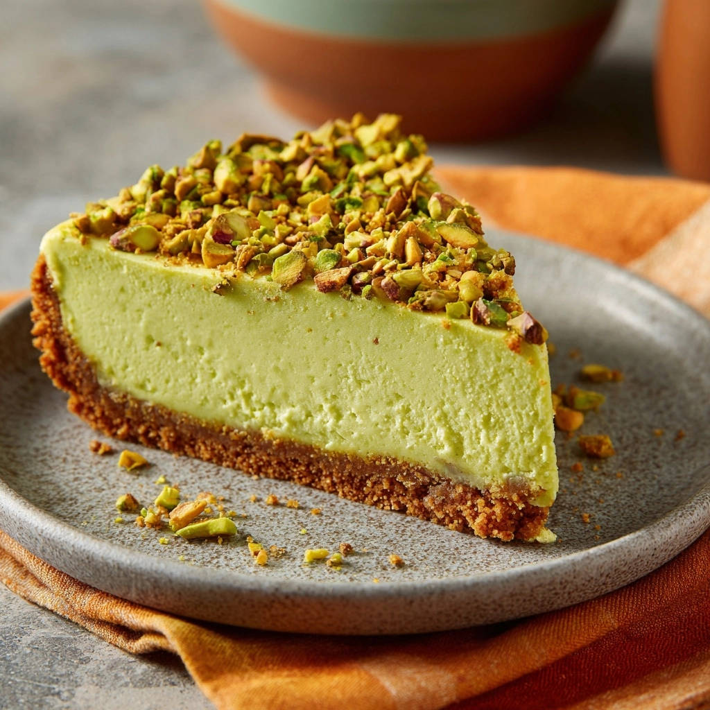Pistachio cheesecake, a plated slice topped with chopped pistachios and a graham cracker crust.