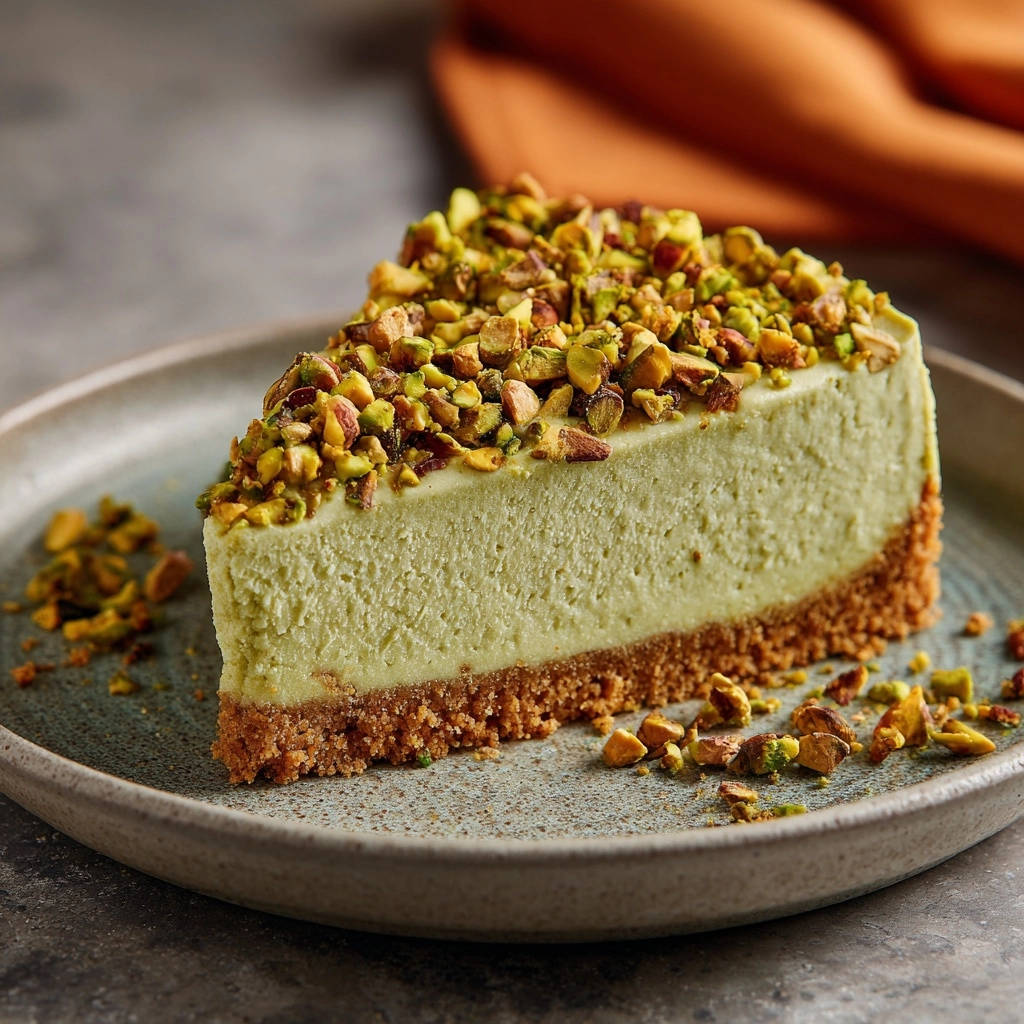 Pistachio cheesecake plated slice with a generous topping of chopped pistachios and a graham cracker crust.