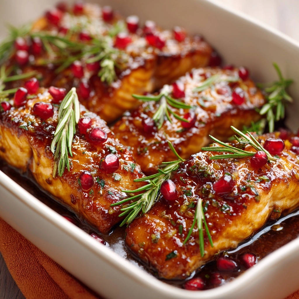 Pomegranate rosemary glazed salmon with a close-up view of the glistening glaze and garnishes.