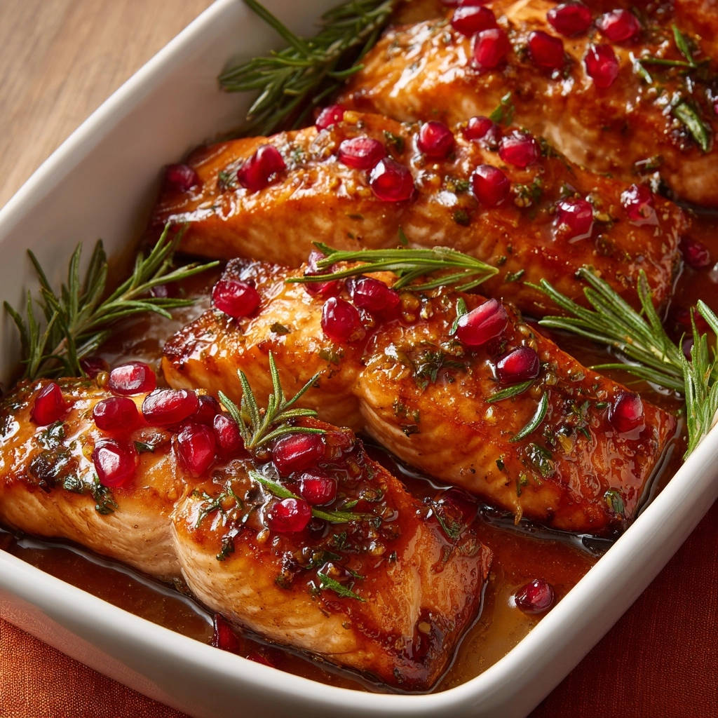 Pomegranate rosemary glazed salmon shown in a white baking dish with a close-up view of the glistening glaze and arils.