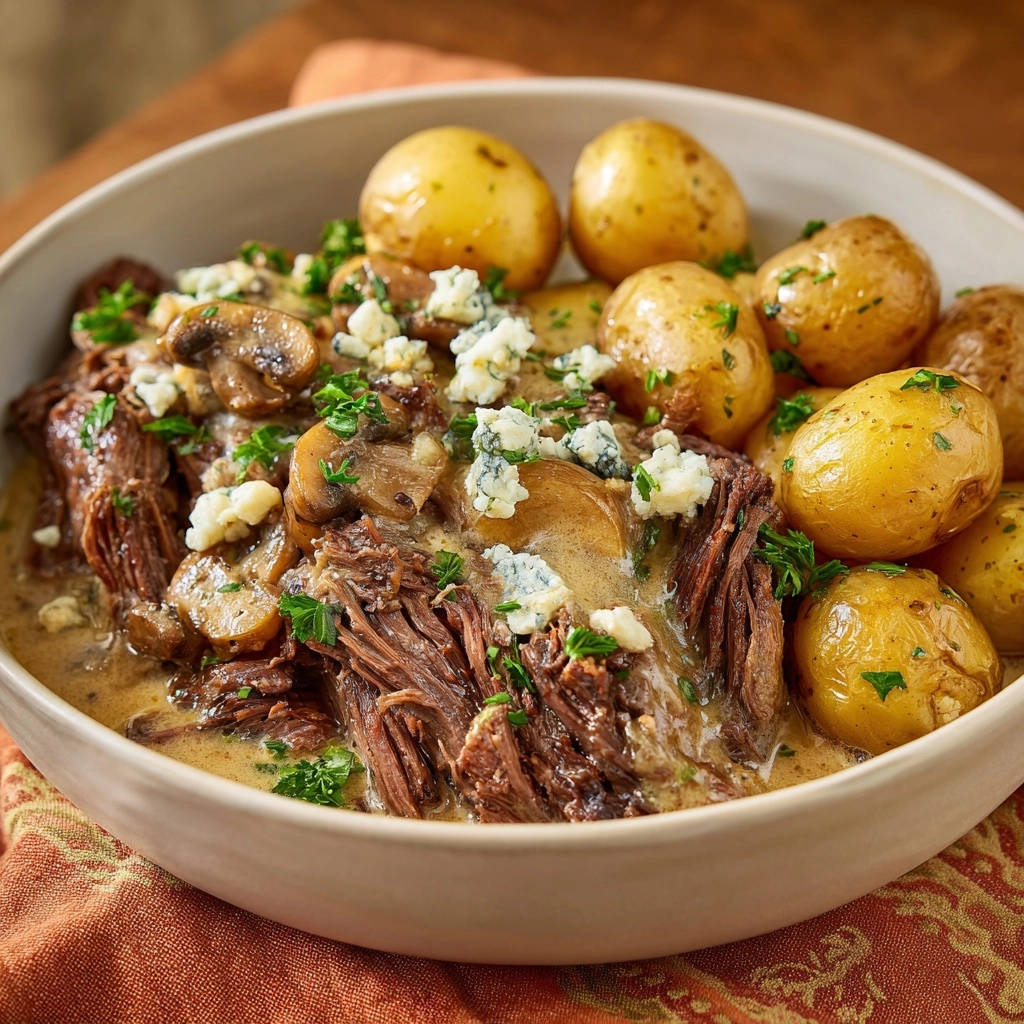 Pot roast with creamy blue cheese sauce and baby potatoes, served in a white bowl with a close-up view of the tender meat and sauce.