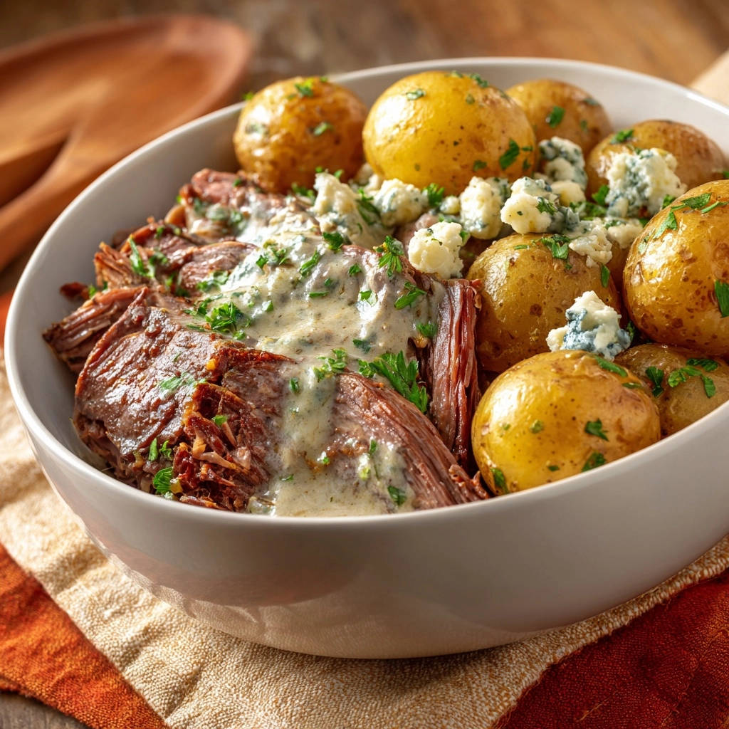 Pot roast with creamy blue cheese sauce and baby potatoes served in a white bowl, showing a close-up detail of the textures.