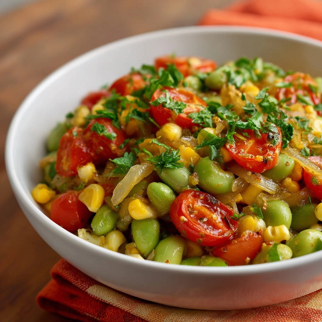 Quick skillet succotash in a white bowl, featuring a close-up view of corn, edamame, and cherry tomatoes with fresh parsley.