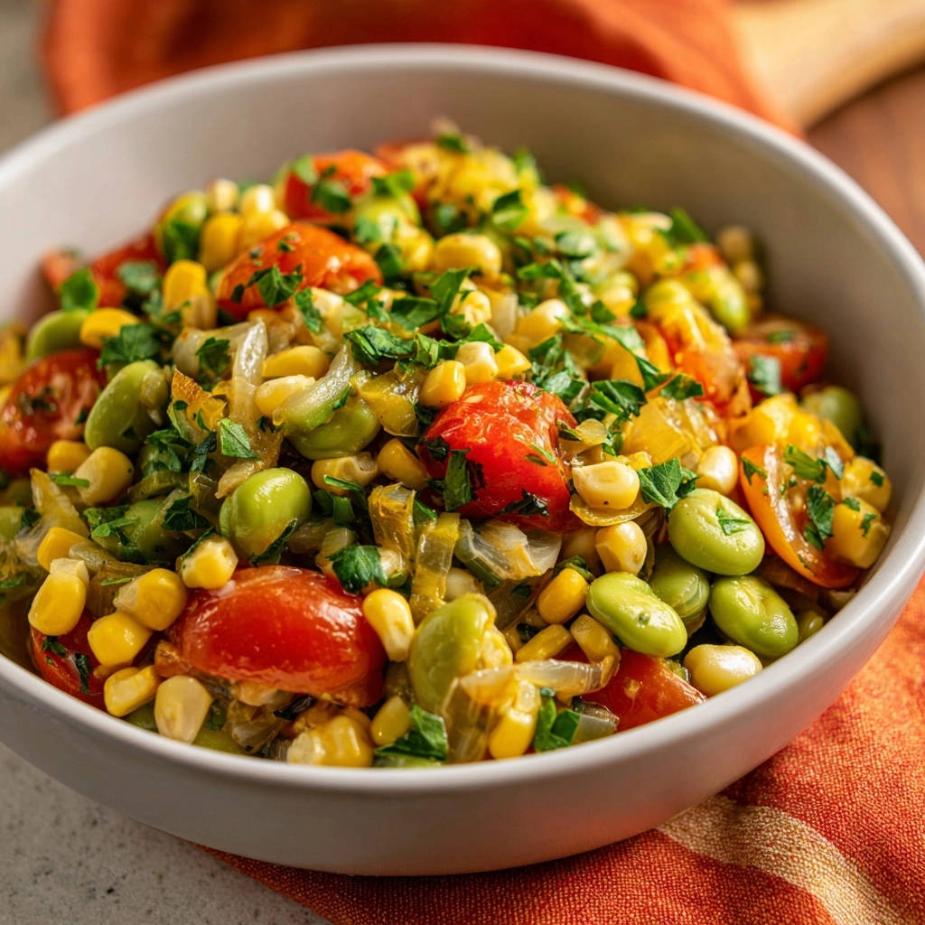 Quick skillet succotash served in a white bowl, featuring corn, lima beans, and tomatoes with fresh parsley garnish.