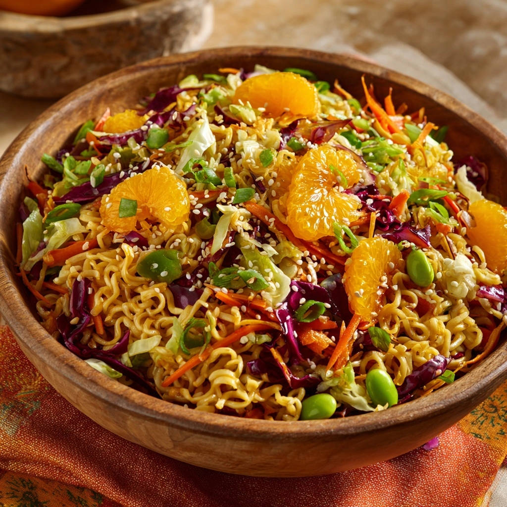 Vibrant ramen noodle salad with orange slices, red cabbage, and edamame in a wooden bowl, a close-up view.