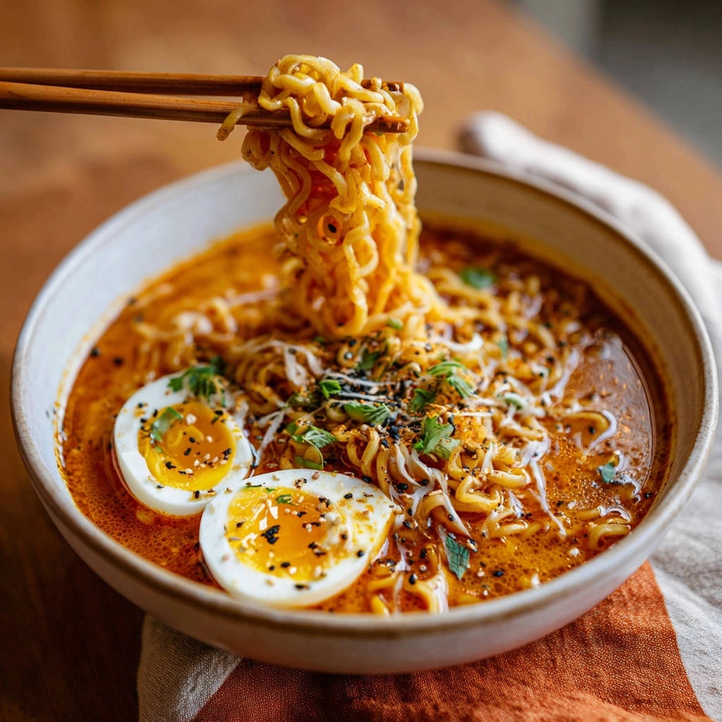 Quick &amp; Flavorful Ramen with chewy noodles being lifted by chopsticks and served with halved soft-boiled eggs.