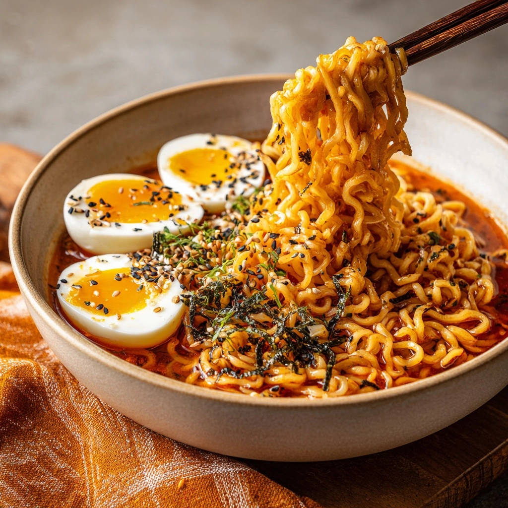 Quick & flavorful ramen with perfectly chewy noodles and soft-boiled eggs, garnished with sesame seeds and nori.