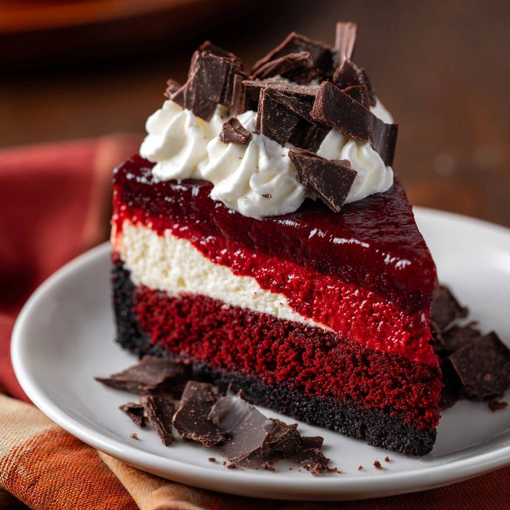 Red velvet cheesecake layer cake shown as a detailed cross-section slice with whipped cream and chocolate shavings.