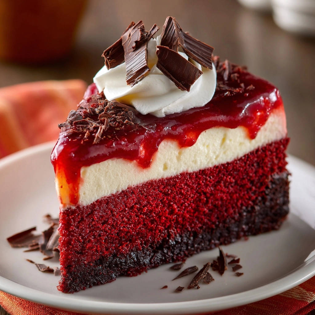 Red Velvet Cheesecake Layer Cake slice showing its distinct red cake and creamy cheesecake layers, topped with whipped cream and chocolate shavings.