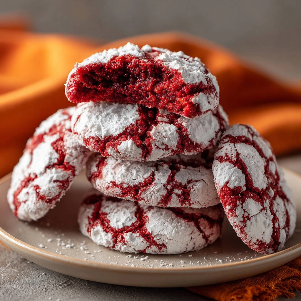Red velvet crinkle cookies cross-section showing the vibrant red interior dusted with powdered sugar.