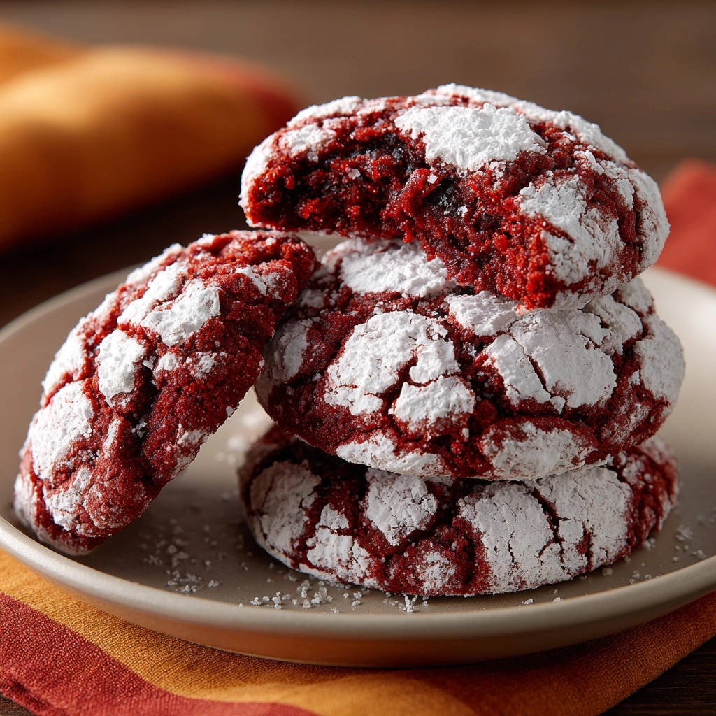 Red velvet crinkle cookies stacked on a plate, showing a close-up view of their cracked, powdered sugar coating and rich red interior.