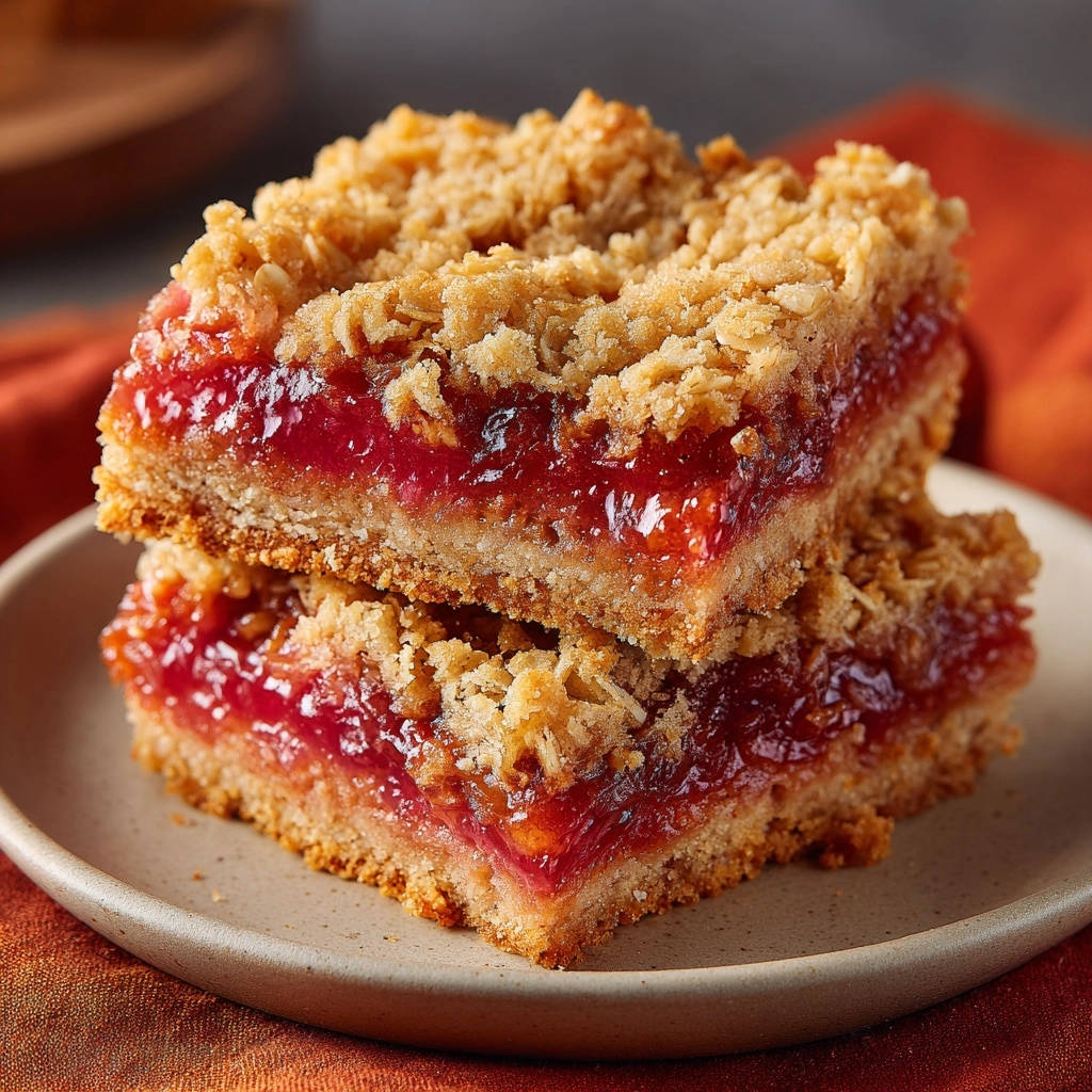 Classic rhubarb crumble bars stacked, showing a close-up cross-section of the crumbly topping and fruit filling.