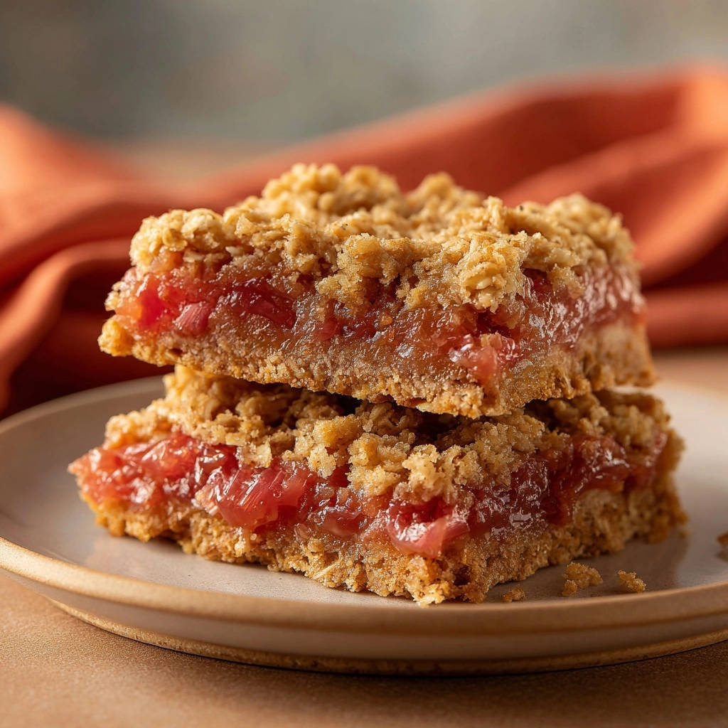 Classic Rhubarb Crumble Bars: two stacked bars showing a close-up cross-section of the fruit filling and crumble topping.