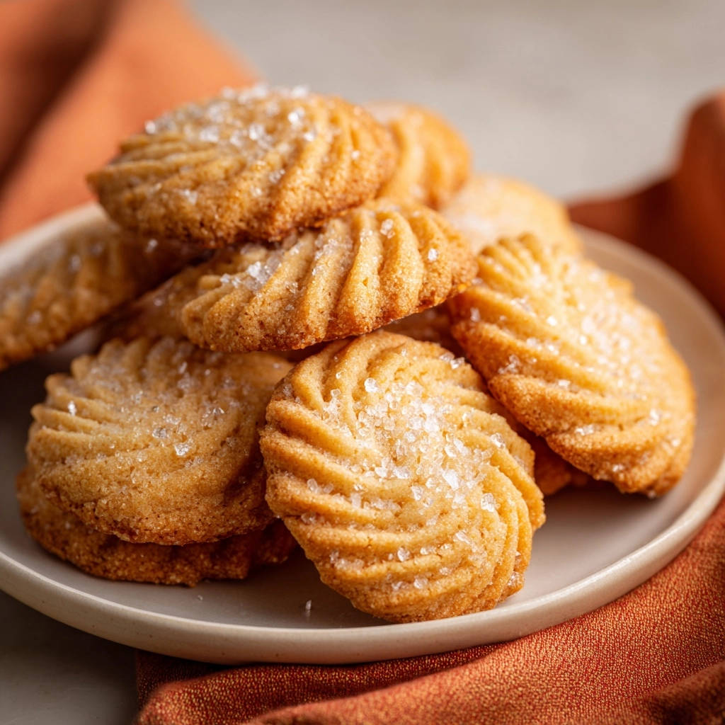 Ridged butter cookies with a swirl pattern dusted with coarse sugar, shown in a close-up detail shot.