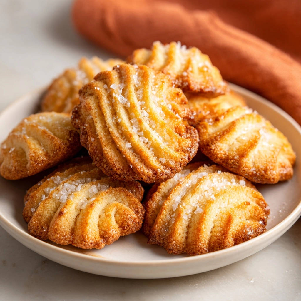 Ridged butter cookies piled on a plate, generously sprinkled with coarse sugar crystals for a delightful sparkle.