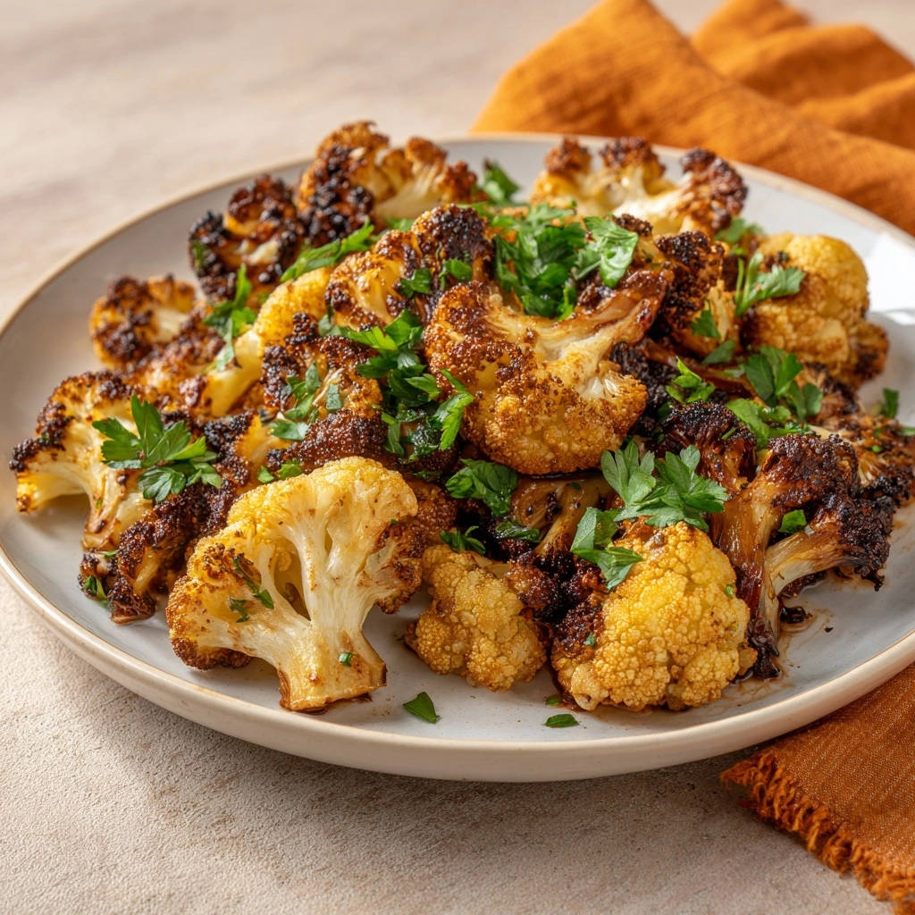 Perfectly roasted cauliflower served on a plate, garnished with fresh parsley, showing a close-up view of the florets.