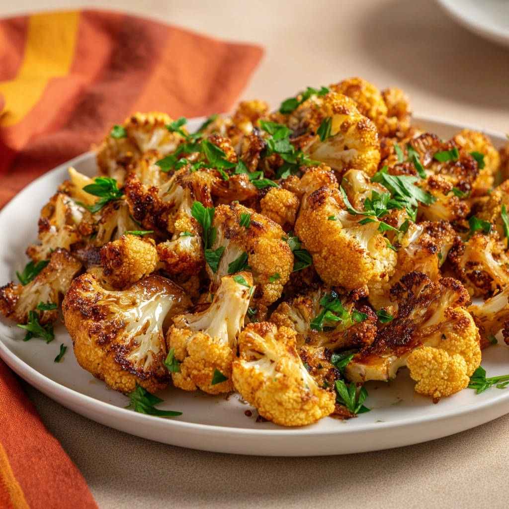 Perfectly roasted cauliflower, tender-crisp and flavorful, is generously garnished with fresh parsley in a close-up view.