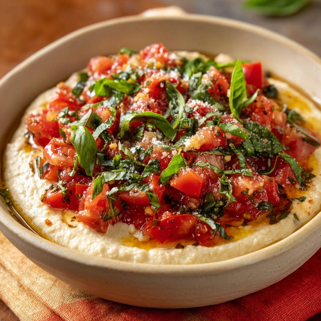 Roasted cherry tomato & basil hummus served in a bowl, topped with fresh basil and a sprinkle of cheese.