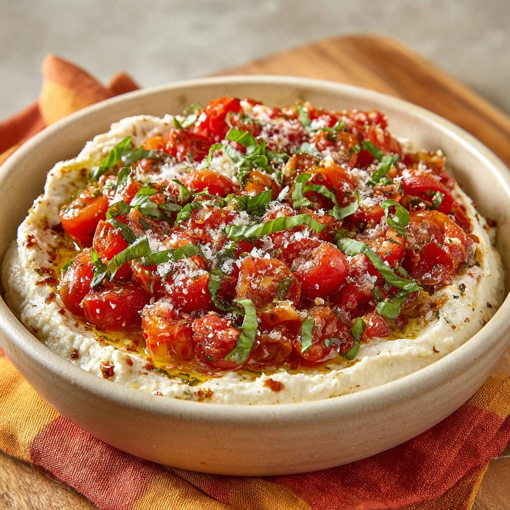 Roasted cherry tomato &amp; basil hummus with a close-up view of the fresh basil garnish and grated cheese.