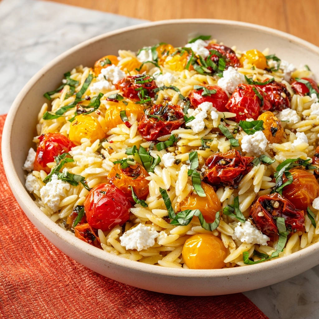 Roasted tomato and feta orzo in a bowl, showing a close-up view of the fluffy orzo pasta, cherry tomatoes, and crumbled feta cheese.