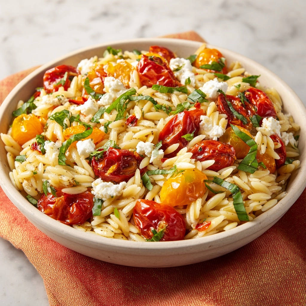 Roasted tomato and feta orzo with basil, shown in a close-up view with fluffy pasta and crumbled cheese.