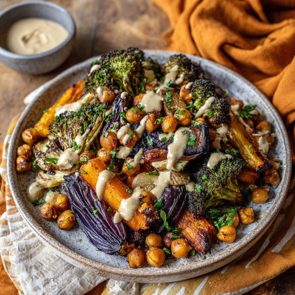 Roasted veggie and chickpea power bowl generously drizzled with tahini sauce, showcasing a vibrant mix of broccoli, carrots, and eggplant.