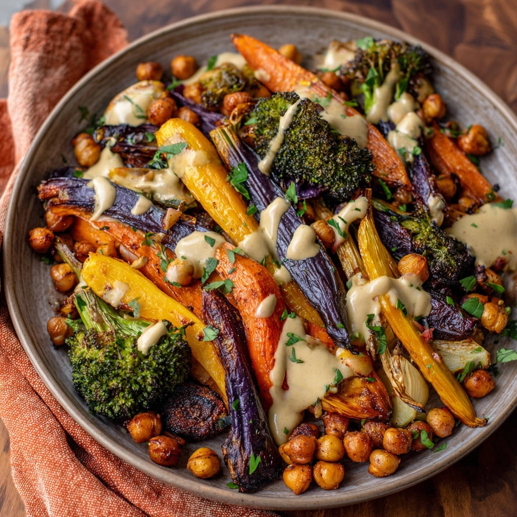 Roasted veggie & chickpea power bowl drizzled with creamy sauce and garnished with fresh parsley.