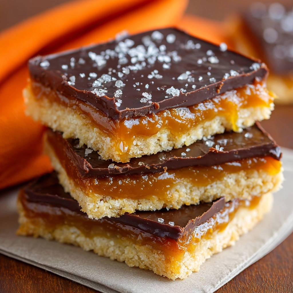Salted Caramel Chocolate Bars: a stack of three bars showing the distinct layers of shortbread, caramel, and chocolate topping.