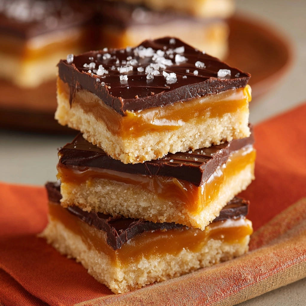 Salted caramel chocolate bars stacked in a close-up view, showing the distinct layers of shortbread, caramel, and chocolate topping.
