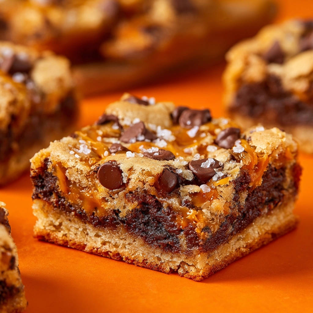 Salted caramel chocolate chip cookie bars with a close-up cross-section showing layers of cookie, chocolate, and caramel.