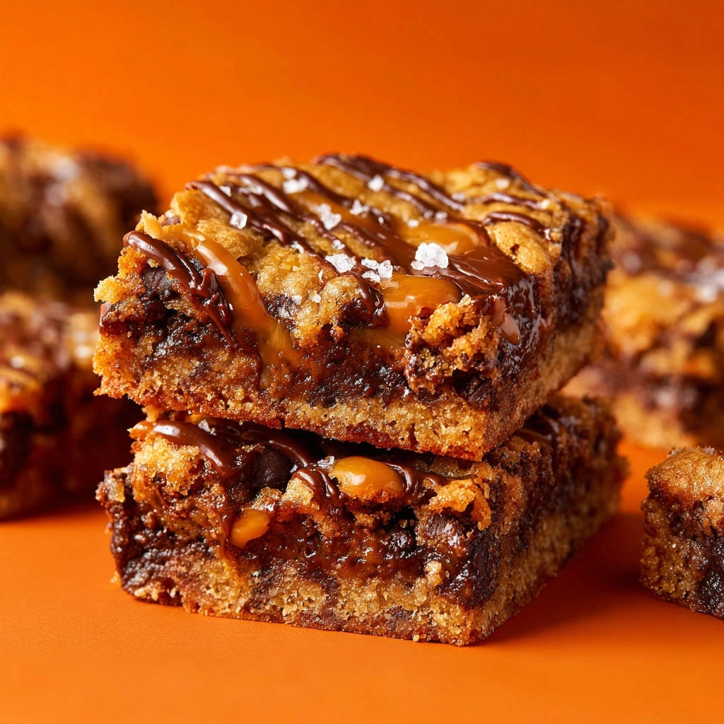 Salted caramel chocolate chip cookie bars stacked, showing a gooey cross-section with chocolate drizzle and sea salt.