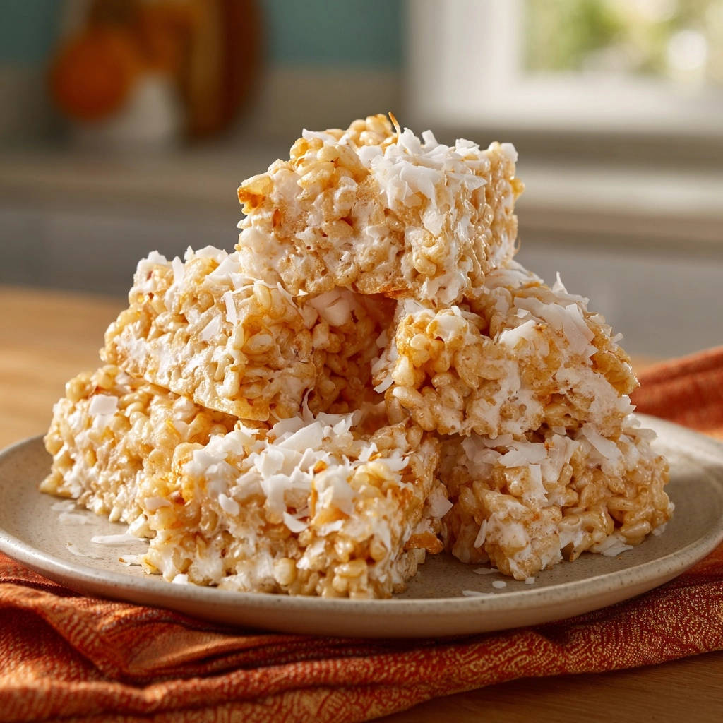 Salted caramel coconut crispy treats stacked on a plate, topped with shredded coconut.