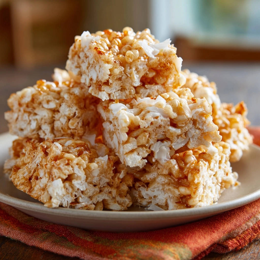 Salted caramel coconut crispy treats stacked on a plate, showcasing their chewy texture and coconut flakes.