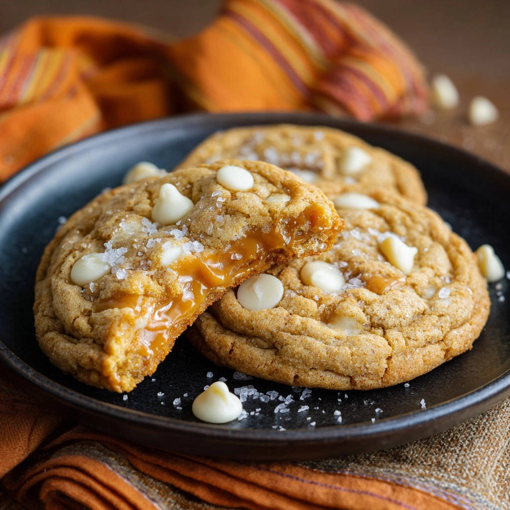 Salted caramel white chocolate cookies cross-section showing gooey caramel filling and white chocolate chips.