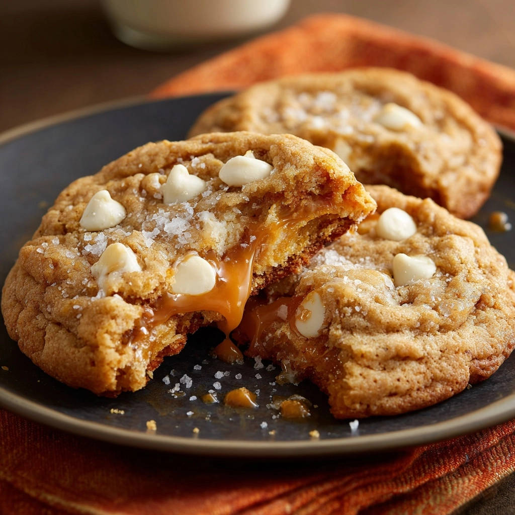 Salted caramel white chocolate cookies, with a gooey caramel center revealed in a close-up cross-section with white chocolate chips.